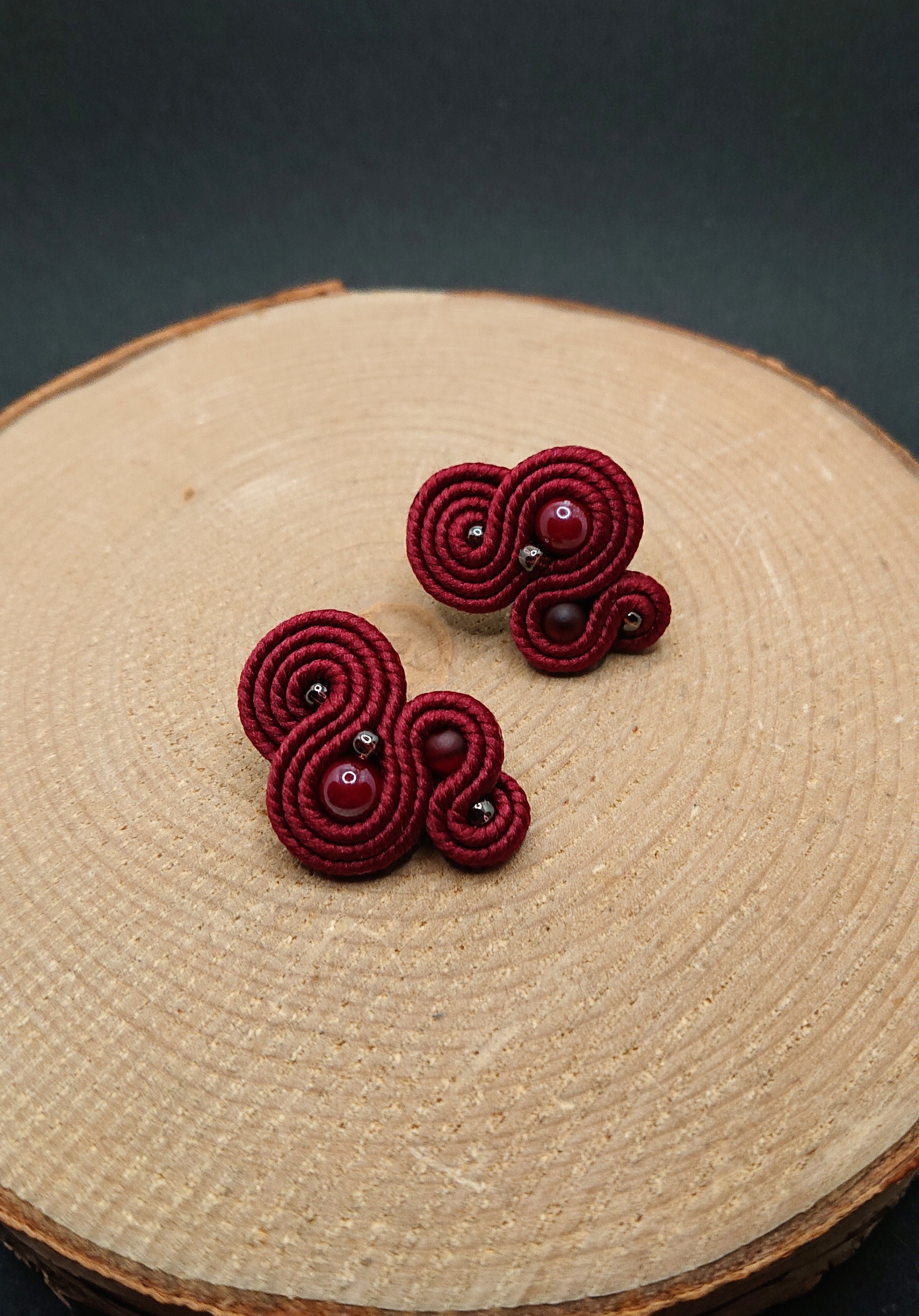 Small maroon stud soutache earrings, delicate embroidered jewelry, tiny minimalist earrings, fashion beaded jewelry, gift for her
