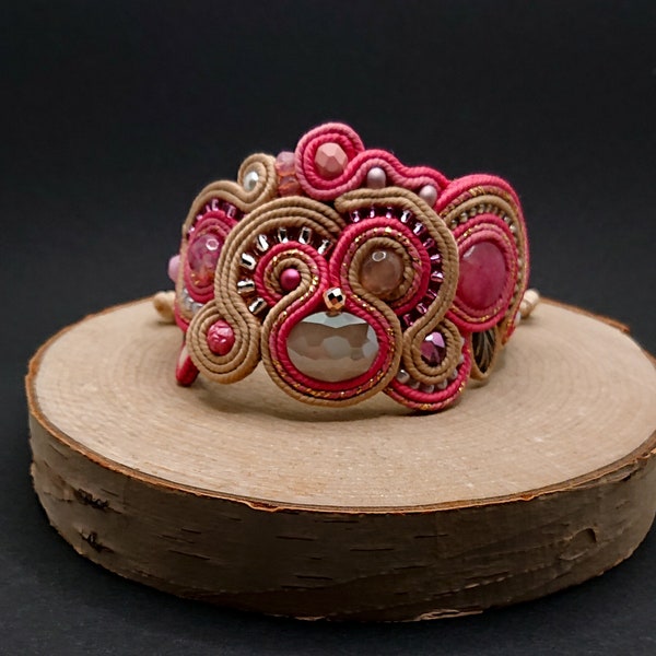 Pulsera soutache de oro rosa beige, bisutería bordada con cristal, pulsera ajustable de colores, bisutería con abalorios, regalo para mujer