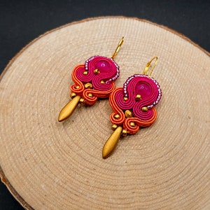 Fuchsia orange gold dangle soutache earrings, colorful jewelry in boho style, embroidered fashion jewelry,