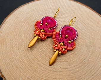 Fuchsia orange gold dangle soutache earrings, colorful jewelry in boho style, embroidered fashion jewelry,