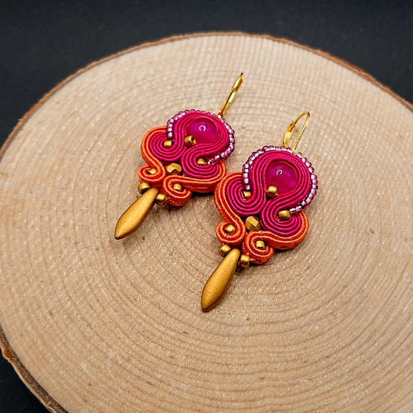 Fuchsia orange gold dangle soutache earrings, colorful jewelry in boho style, embroidered fashion jewelry,