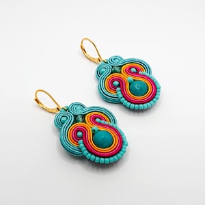 Turquoise colorful dangle soutache earrings with jade, summer jewelry in boho style, embroidered fashion jewelry, gift for her