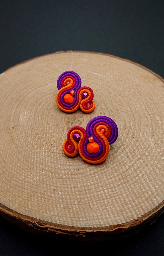 Small orange purple stud soutache earrings, delicate embroidered jewelry, tiny minimalist earrings, casual colorful jewelry,  gift for women