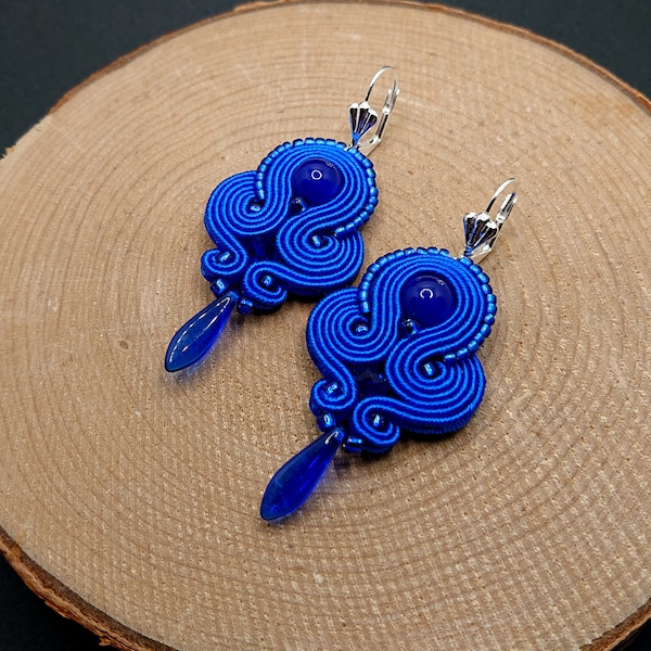 Cobalt blue dangle soutache earrings, delicate blue jewelry in boho style, embroidered fashion colorful jewelry, gift for her