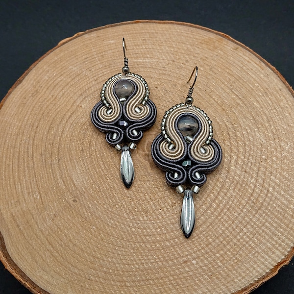 Beige dark gray silver dangle soutache earrings, embroidered casual jewelry, earrings with dragon agate, medium size earrings in boho style