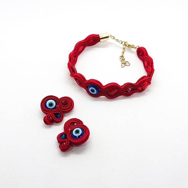 Conjunto rojo de joyas soutache con motivo "Evil eye", pulsera y pendientes soutache, conjunto de joyas delicadas, joyas protectoras