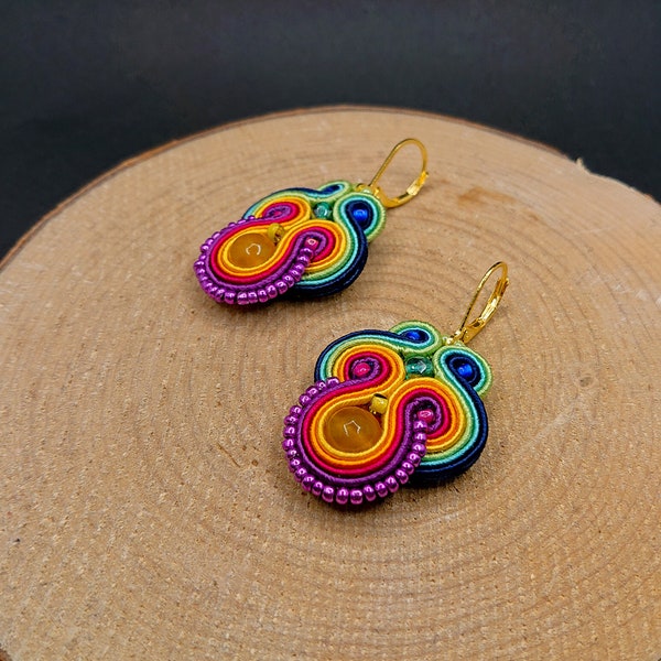 Colorful small dangle soutache earrings with jade, girls rainbow jewelry, summer earrings in boho style, small earrings for a teenage