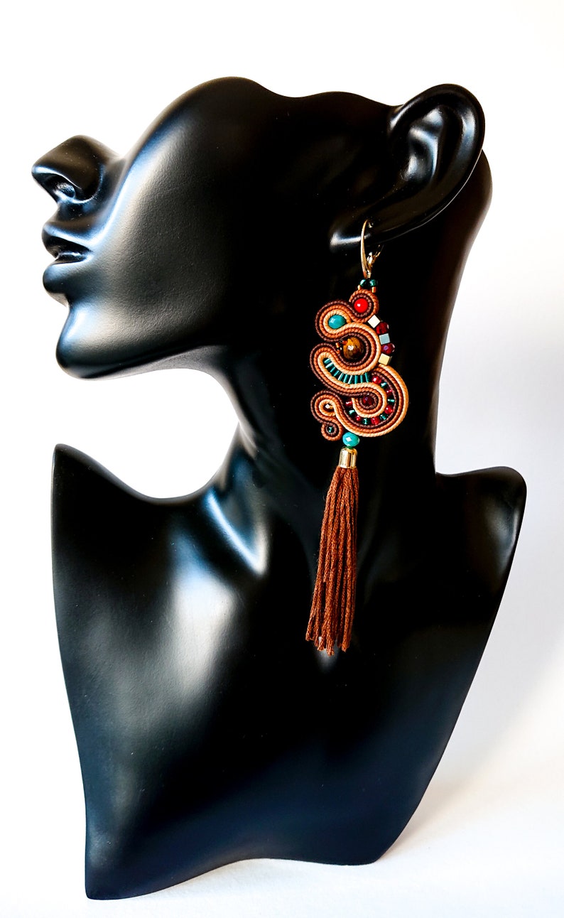 long soutache earrings with tassel brown soutache earrings with tiger eye boho earrings to wear every day women/'s jewelry,