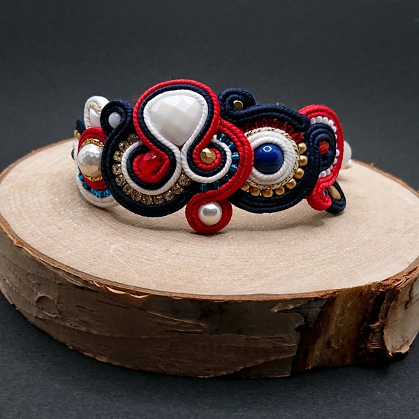 Pulsera soutache azul oscuro rojo blanco, bisutería bordada con cristal, pulsera ajustable de colores, bisutería con abalorios, regalo para mujer