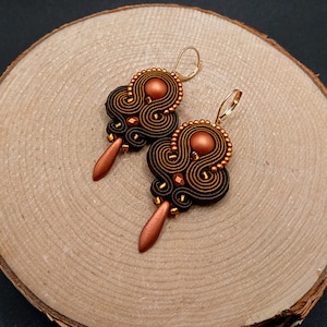 Brown copper dangle soutache earrings, delicate embroidered jewelry, lightweight casual earrings, unique gift for her