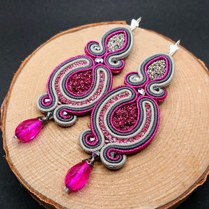 Gray pink soutache earrings with resin cabochon, long shiny earrings, statement embroidered earrings, evening jewelry, gift for her