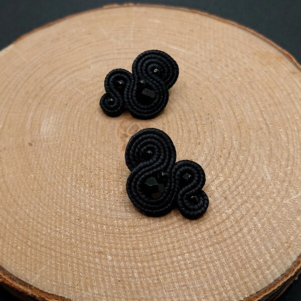 Small black stud soutache earrings, delicate embroidered jewelry, tiny minimalist earrings, fashion beaded jewelry,  gift for her