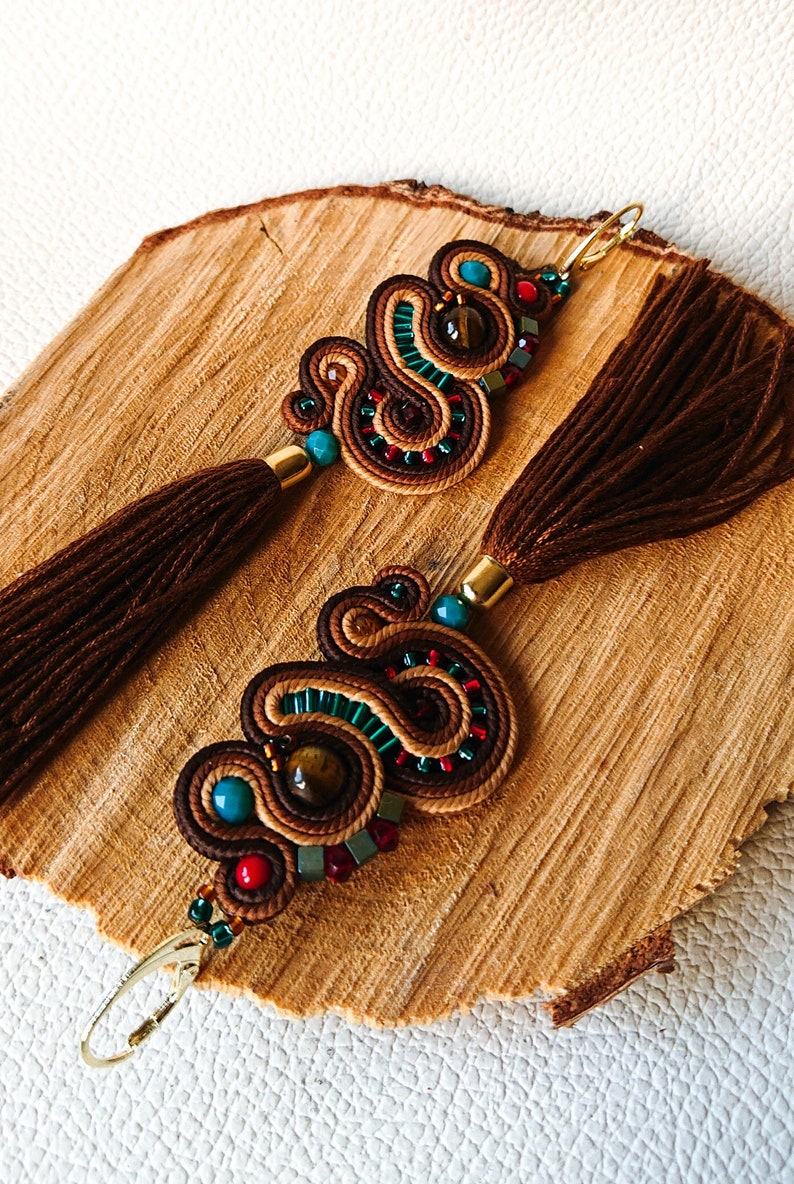 long soutache earrings with tassel brown soutache earrings with tiger eye boho earrings to wear every day women/'s jewelry,