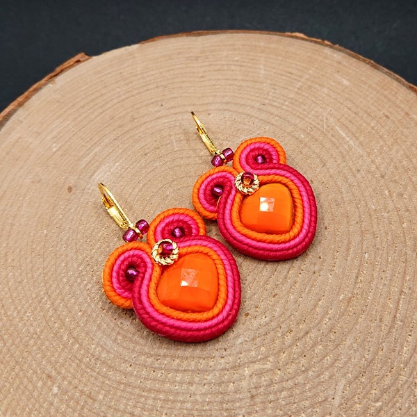 Fuchsia pink orange dangle soutache earrings, small drop earrings with crystal, delicate shiny jewelry, embroidered earrings, gift for her