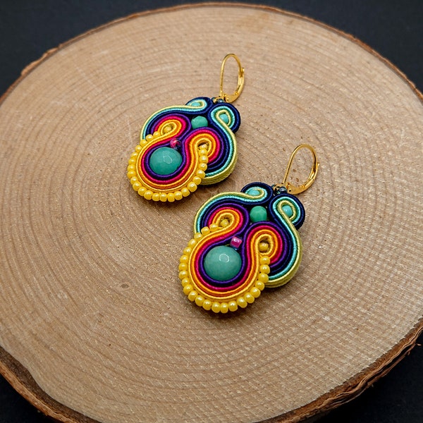 Colorful small dangle soutache earrings, girls rainbow jewelry,embroidered earrings in boho style, small earrings for a teenage and women,