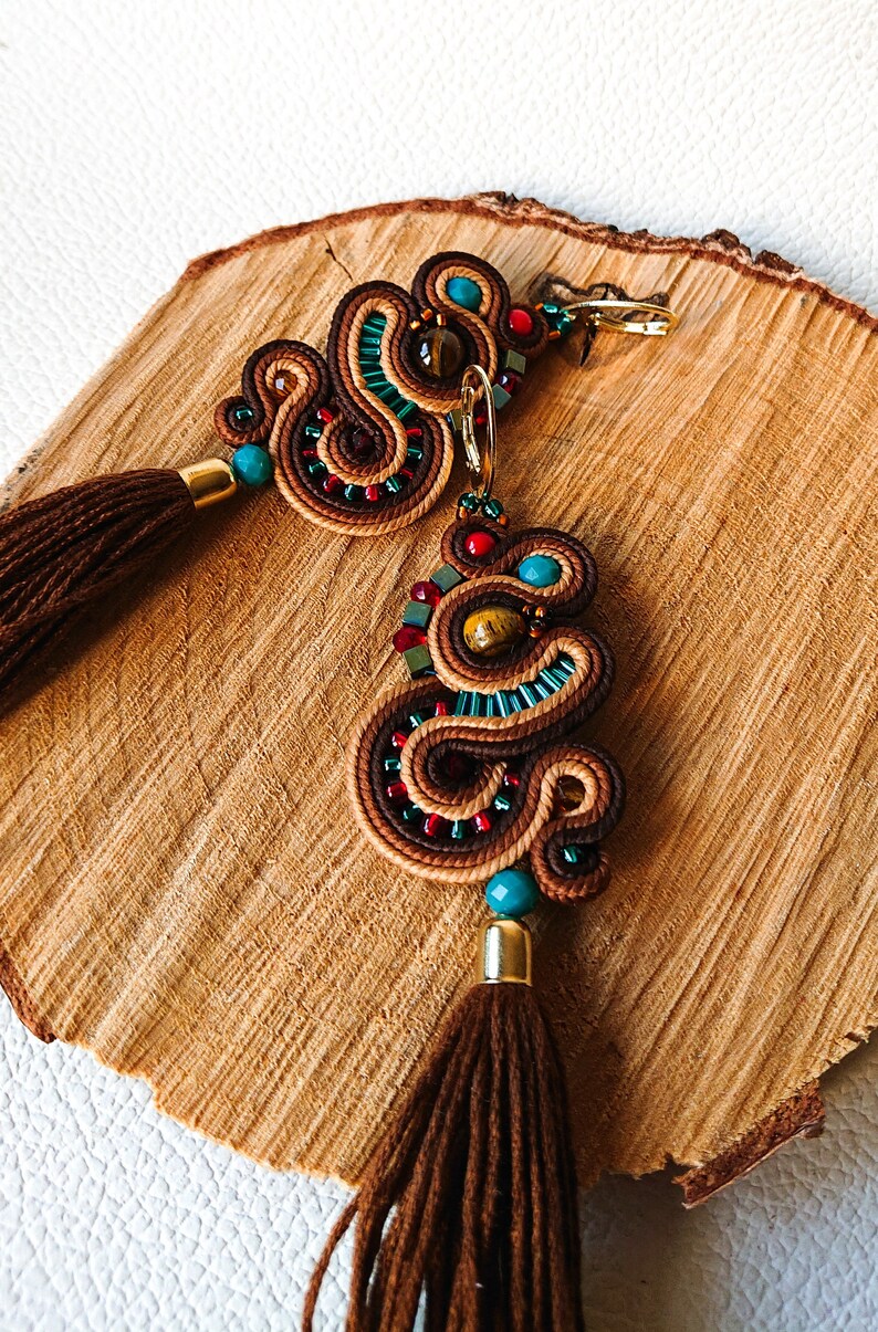 long soutache earrings with tassel brown soutache earrings with tiger eye boho earrings to wear every day women/'s jewelry,