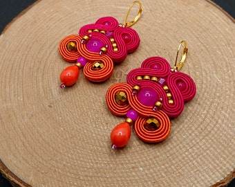 Fuchsia orange gold dangle soutache earrings, colorful jewelry in boho style, embroidered fashion jewelry, gift for her