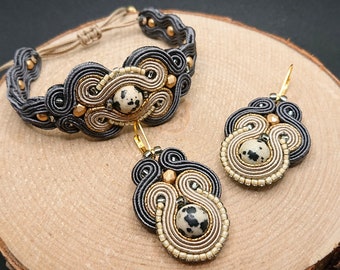 Gray beige gray soutache set, bracelet and earrings in boho style, handmade embroidered jewelry with jasper, unigue gift for her