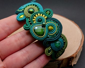 Green turquoise soutache bracelet, embroidered jewelry with crystal, colorful adjustable bracelet, beads jewelry, gift for women