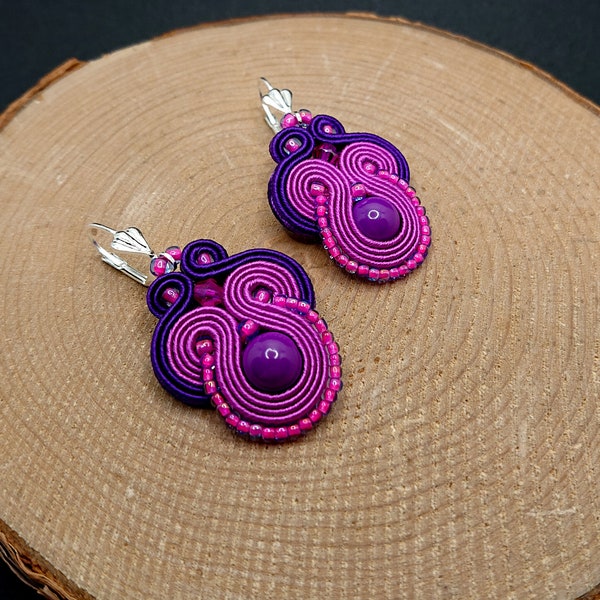 Purple pink dangle soutache earrings, embroidered beads jewelry, casual boho earrings, funky colorful earrings,  gift for her