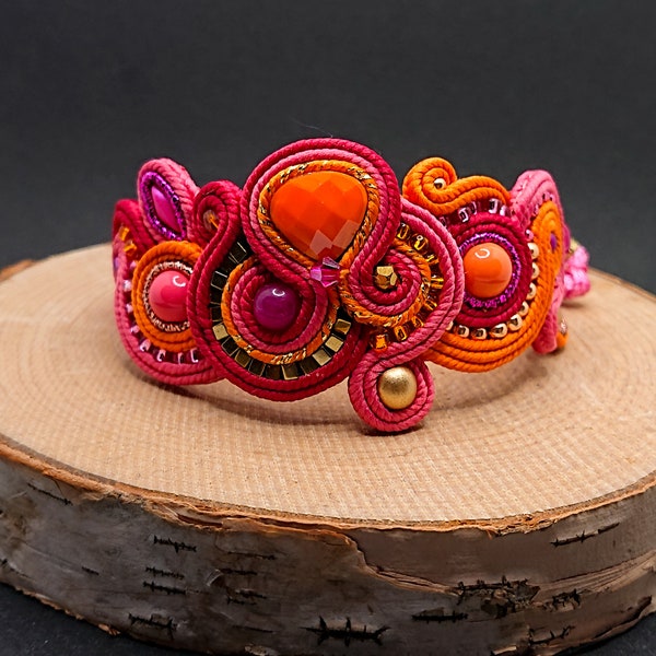 Pulsera soutache de oro rosa naranja, bisutería bordada con cristal, pulsera ajustable de colores, bisutería con abalorios, regalo para mujer