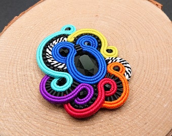 Black colorful soutache brooch, fashionable decoration for a jacket or bag, handmade soutache jewelry, shiny soutache pin with crystals
