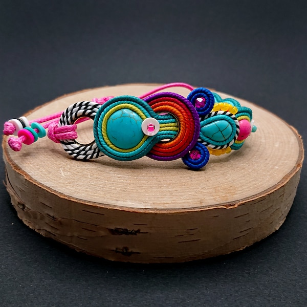 Pulsera soutache de colores, bisutería bordada con piedra, pulsera ajustable multicolor, bisutería de verano con abalorios, regalo para ella