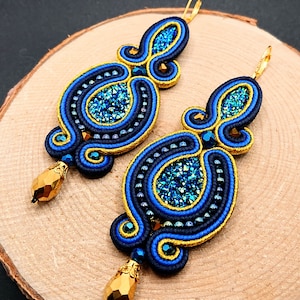 Blue gold soutache earrings with resin cabochon, long shiny earrings, statement embroidered earrings, evening jewelry, gift for her