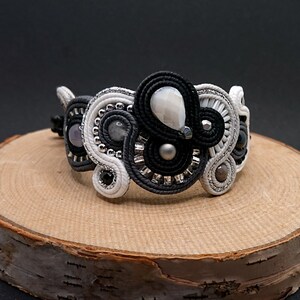 Black white gray soutache bracelet, embroidered jewelry with crystal, retro adjustable bracelet, beads jewelry, unique gift for her