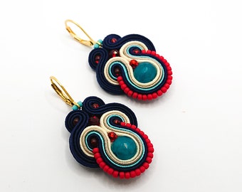 Boucles d'oreilles soutache pendantes colorées, bijoux soutache bleu marine rouge turquoise, boucles d'oreilles de tous les jours, boucles d'oreilles décontractées de taille moyenne, cadeau pour elle