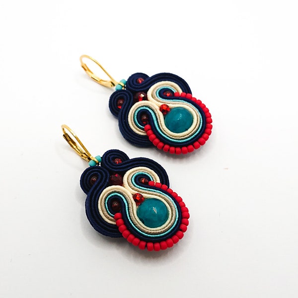 Colorful dangle soutache earrings, turquoise red navy blue soutache jewelry, everyday earrings, medium size casual earrings, gift for her