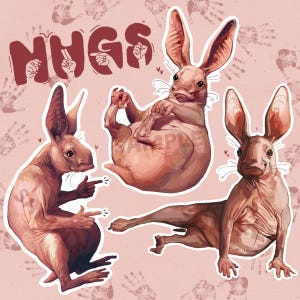 May include: A digital illustration featuring three hairless rabbit-like creatures in various poses. The rabbits are a fleshy pink color with large ears. The word "HUGS" is written in a stylized font above the rabbits, with handprints in the background.