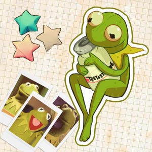 May include: A green cartoon frog character hugging a bottle labeled "TESTOSTERONE." The image includes three star-shaped decorations in teal, beige, and pink, along with three polaroid-style photos of the frog.