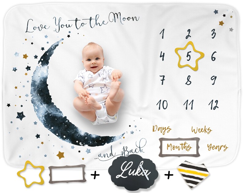 Baby Boy Monthly Milestone Blanket Moon and Stars Milestone Etsy