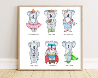 Cute Koalas - Words of Affirmation - I am so I can - Kids print - Hand Drawn Illustration  - Printed to 30cm & 21cm square