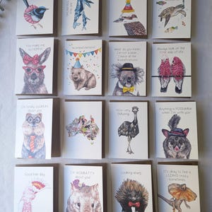 Australian Greetings Cards - Aussie Puns - All Occasions - 16 different cards to choose from - Blank inside, envelope included - Hand Drawn