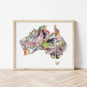 Australian Native Wildlife Map, Hand-drawn, Landscape A3 Size.