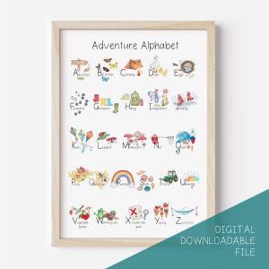 May include: A colourful alphabet chart with illustrations of outdoor adventure themes. Each letter of the alphabet is paired with a word and a watercolour illustration. For example, A is for Adventure, B is for Butterflies, C is for Camping, and so on.