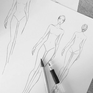 Fashion figure sketch template Front and back Walking pose Female image 6
