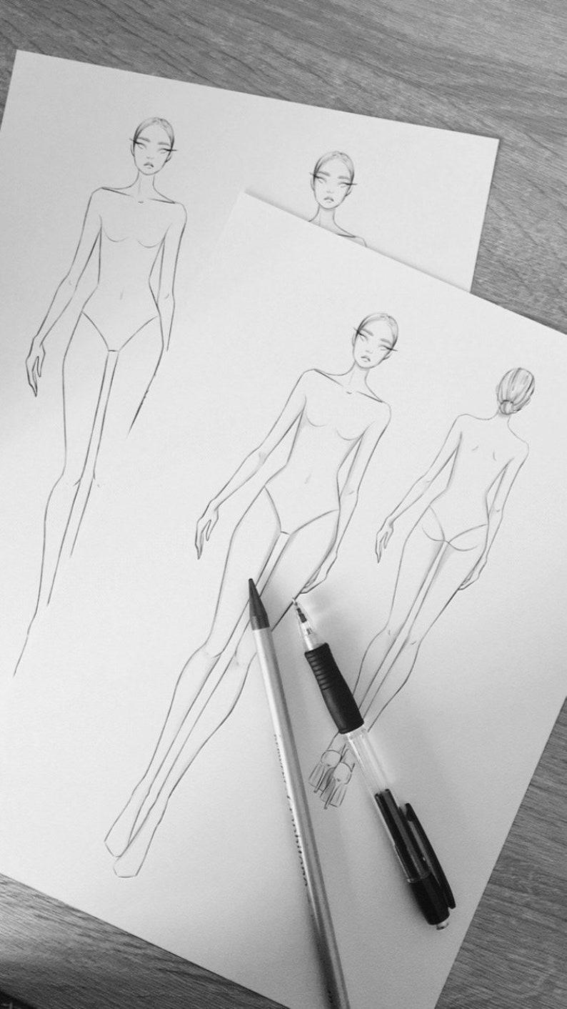 Fashion figure sketch template Front and back Walking pose Female image 6