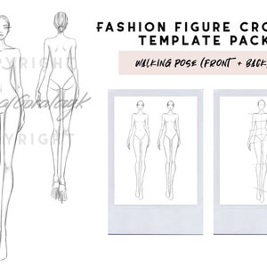 Fashion figure sketch template Front and back Walking pose Female image 1