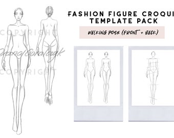 Fashion figure sketch template - Front and back - Walking pose (Female)