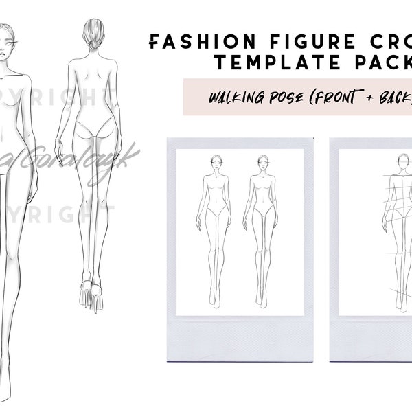 Fashion figure sketch template - Front and back - Walking pose (Female)