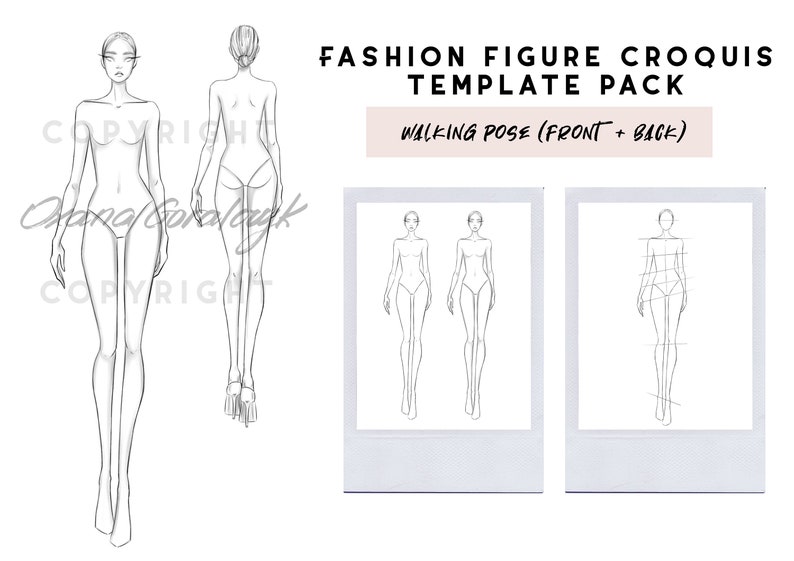 Fashion figure sketch template Front and back Walking pose Female image 1