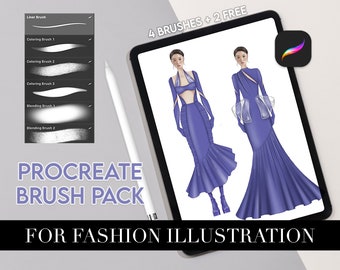 Procreate Fashion sketch/illustration coloring brush pack - by Oxana Goralczyk - Set of 4 + 2 free blending brushes