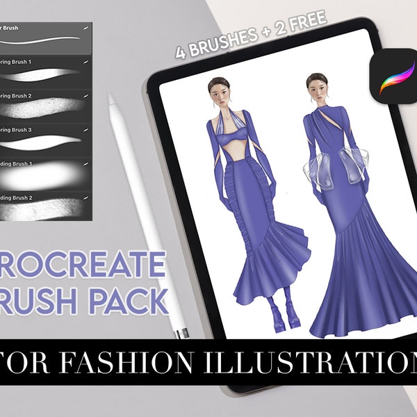 Procreate Fashion sketch/illustration coloring brush pack - by Oxana Goralczyk - Set of 4 + 2 free blending brushes