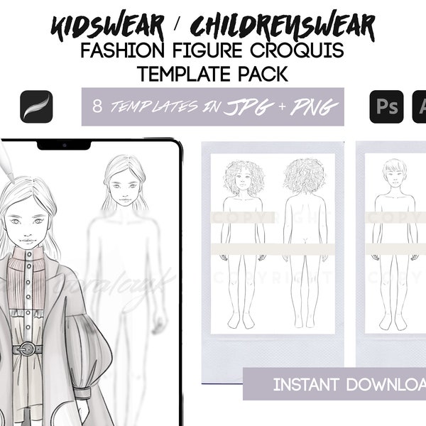 Fashion croquis template for Childrenswear / Kids fashion - Front and back - Straight pose - 4 different templates !