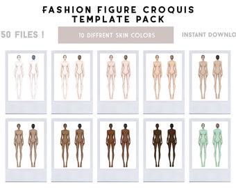 Fashion design croquis figure/template pack - 10 Different skin colors !  - Straight pose (Female) - Instant download