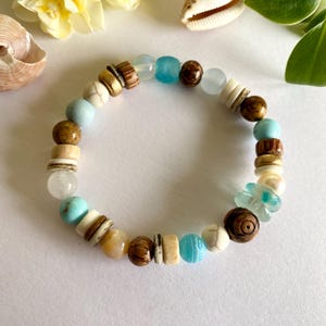 Beachy Boho Aqua Blue Sea Glass Charm Bracelet, Mykonos Spiral Patina Charm, Natural Rustic Bohemian Jewellery, Australian Handmade Gift