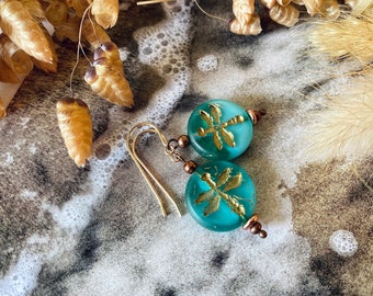 Dragonfly Sea Green Czech Glass Earrings / Nature Inspired Jewellery / Australian Handmade Gift for Her / Mixed Metal Dangle Earrings